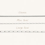 Nadare Co. silver chain collection featuring Classic, Mini Oval, and Large Oval link styles for custom necklaces.