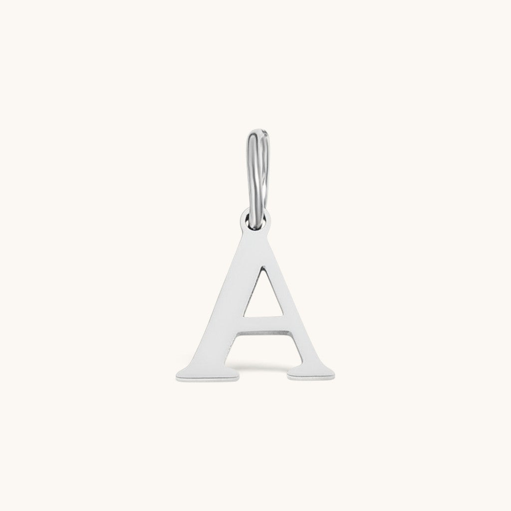 Nadare Co. silver-toned stainless steel letter A initial charm with a classic serif font design.