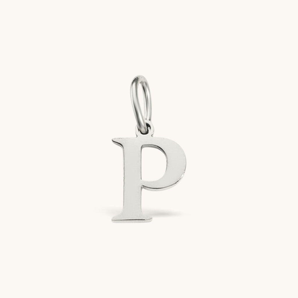 Nadare Co. silver-tone stainless steel letter P initial charm with a classic serif font design.