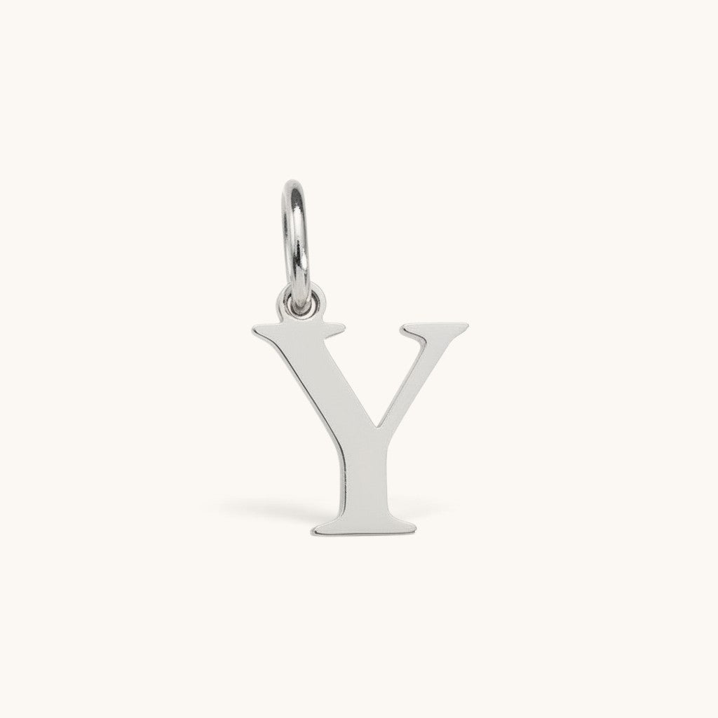 Nadare Co. silver-toned stainless steel letter Y charm with a polished serif font for necklace layering.