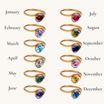 Nadare Co. Vela Birthstone Ring collection featuring trillion-cut stones on gold-plated stainless steel open bands.
