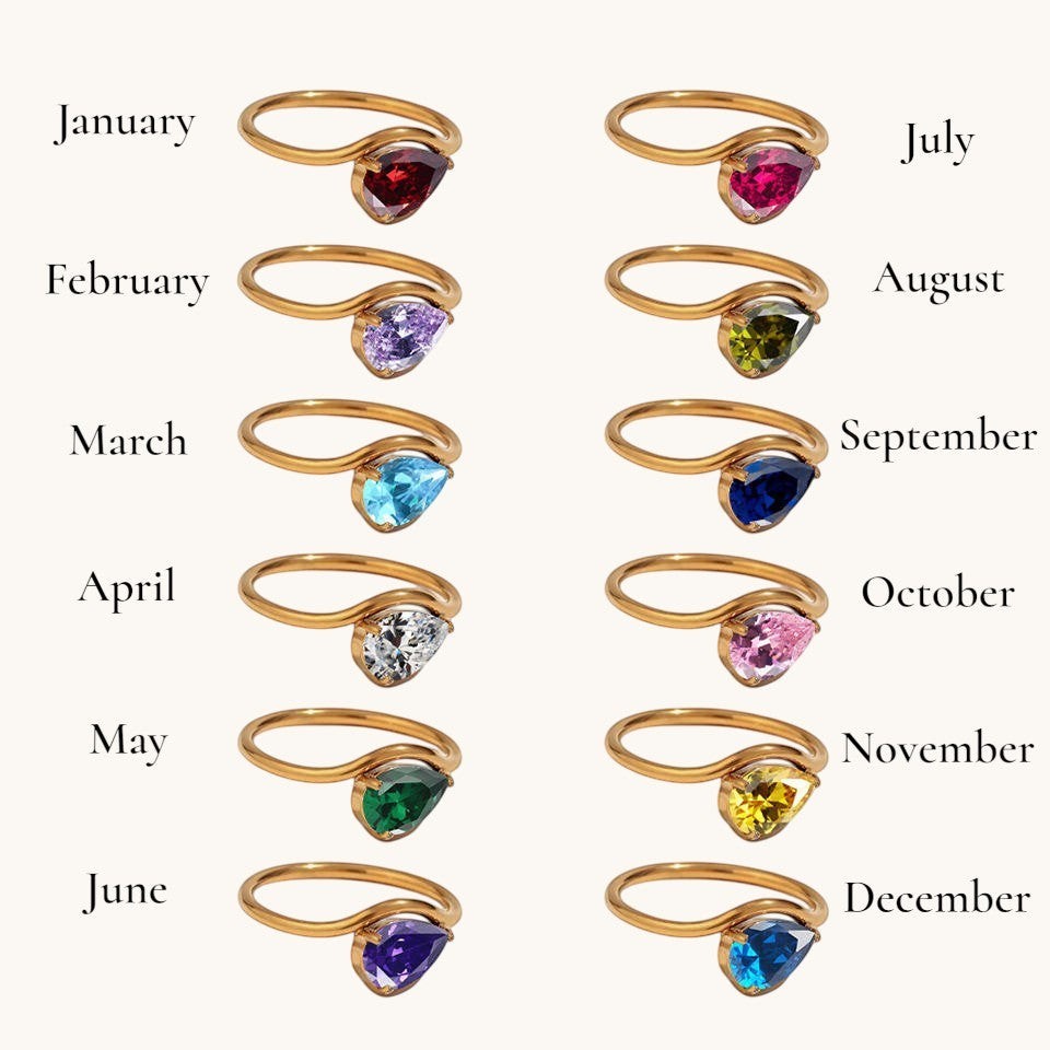 Nadare Co. Vela Birthstone Ring collection featuring trillion-cut stones on gold-plated stainless steel open bands.