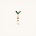 Nadare Co. Willow threadless piercing front in gold-plated titanium with emerald green marquise CZ and dangling clear CZ