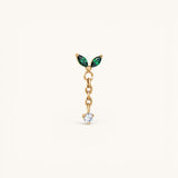 Nadare Co. Willow threadless piercing front in gold-plated titanium with emerald green marquise CZ and dangling clear CZ